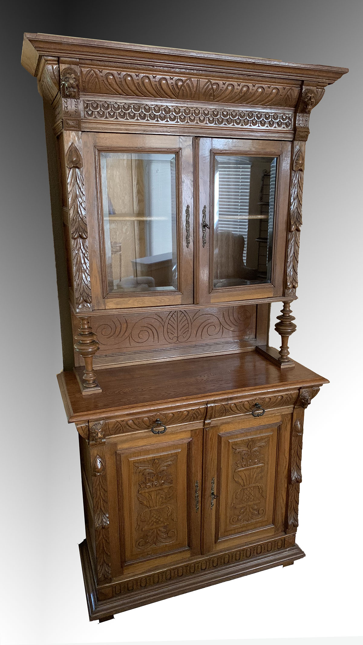 BELGIAN CARVED OAK STEPBACK CUPBOARD: