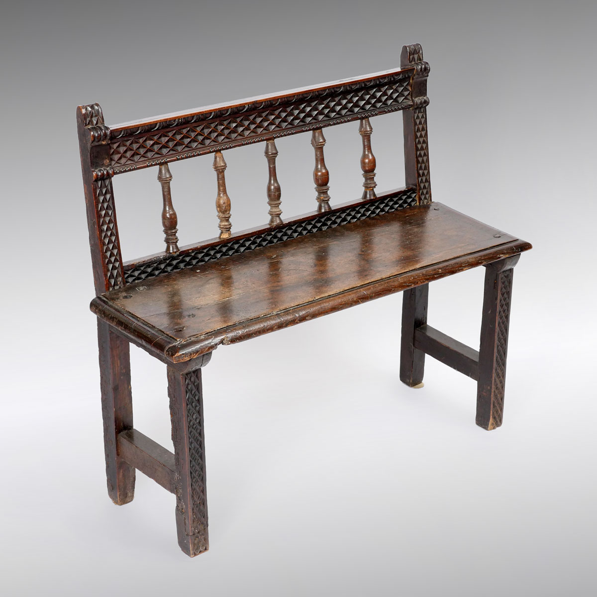EARLY ENGLISH CARVED OAK BENCH: