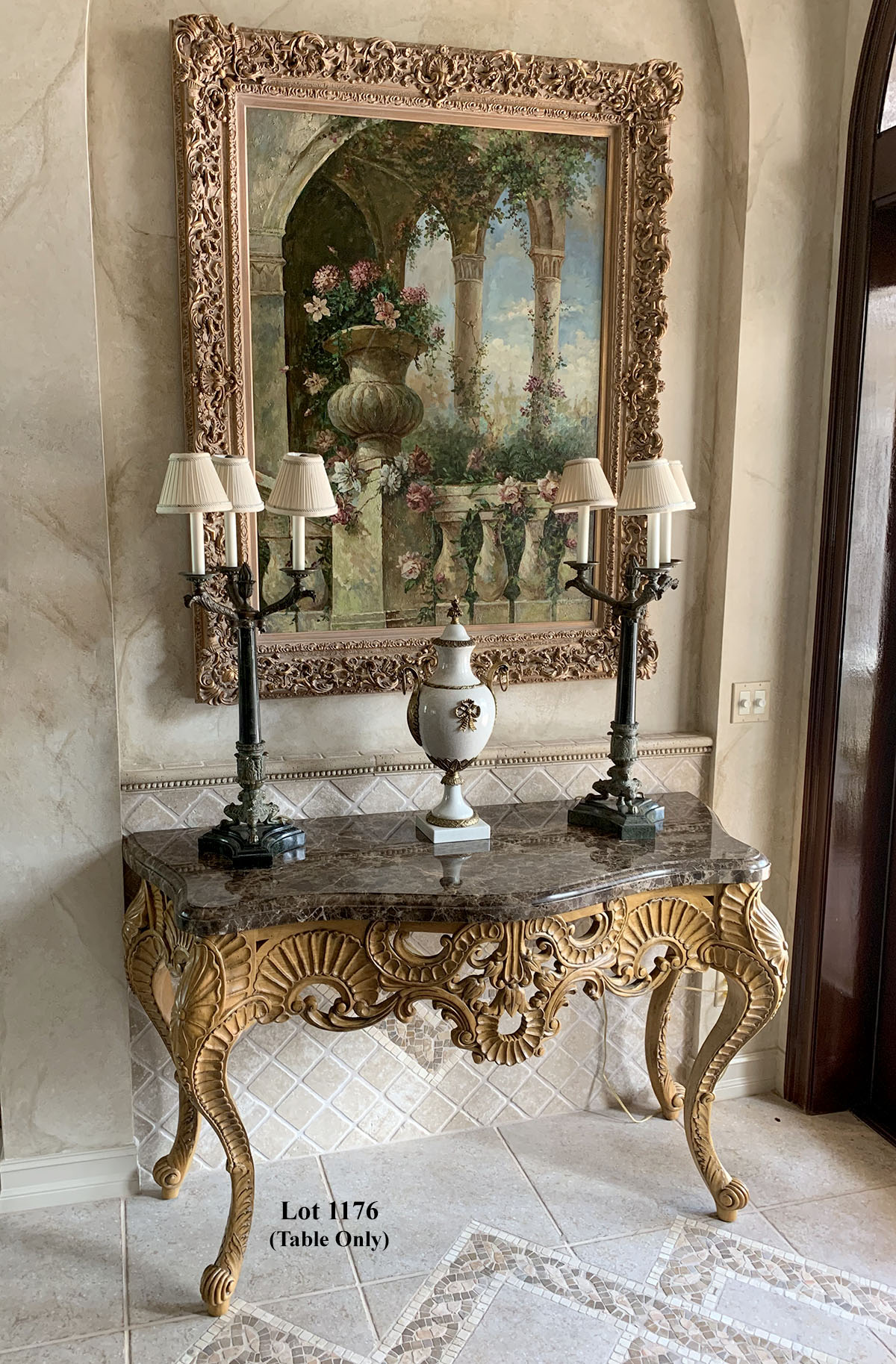 CARVED MARBLE TOP FOYER TABLE: Carved