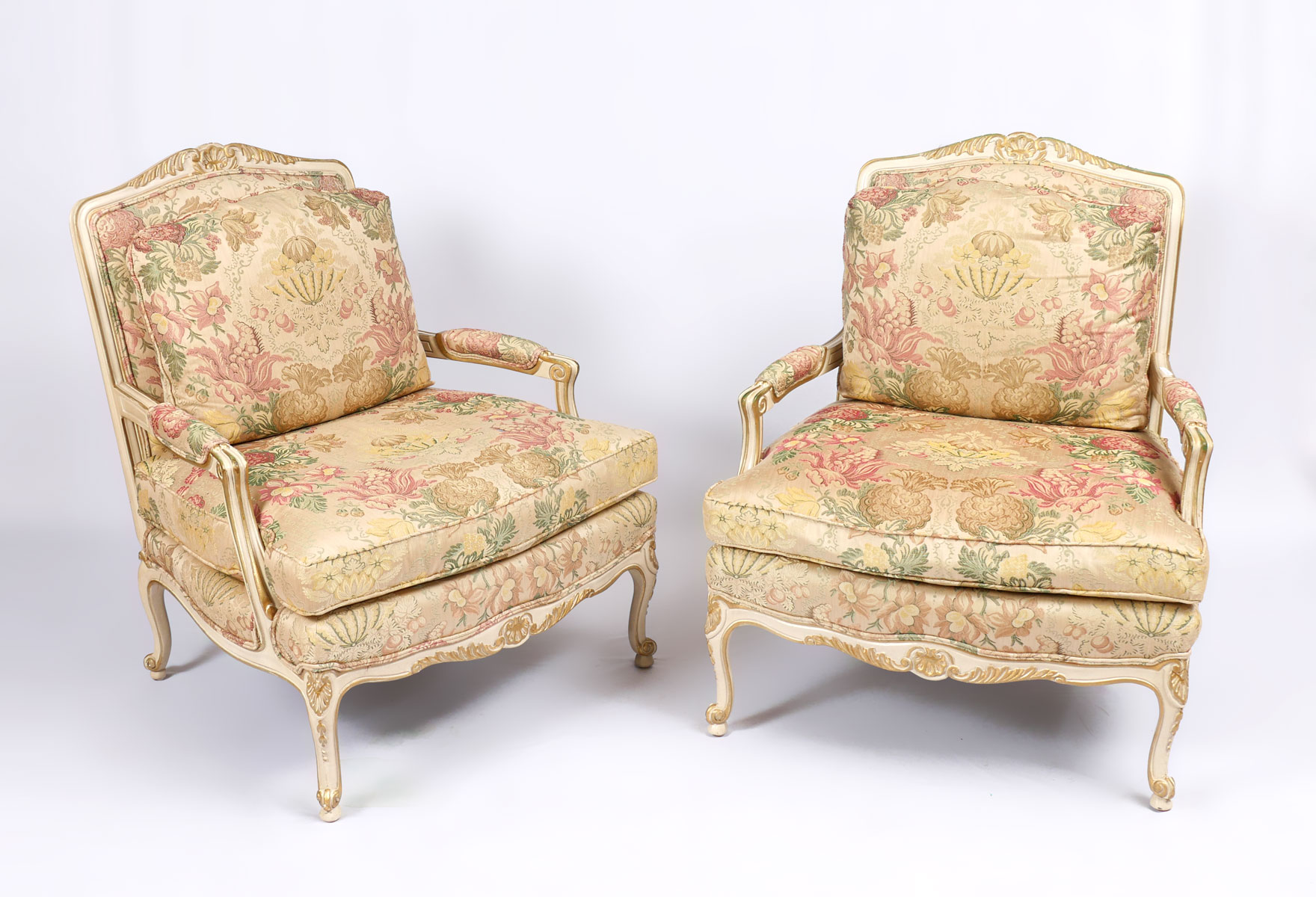 PAIR CARVED FRENCH OPEN ARMCHAIRS: