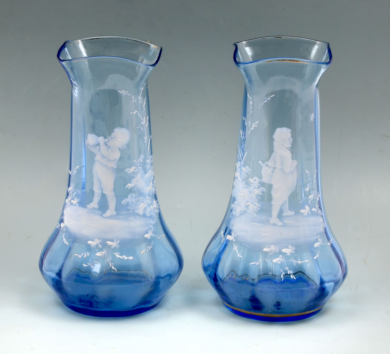 2 PIECE BLUE MARY GREGORY VASES: