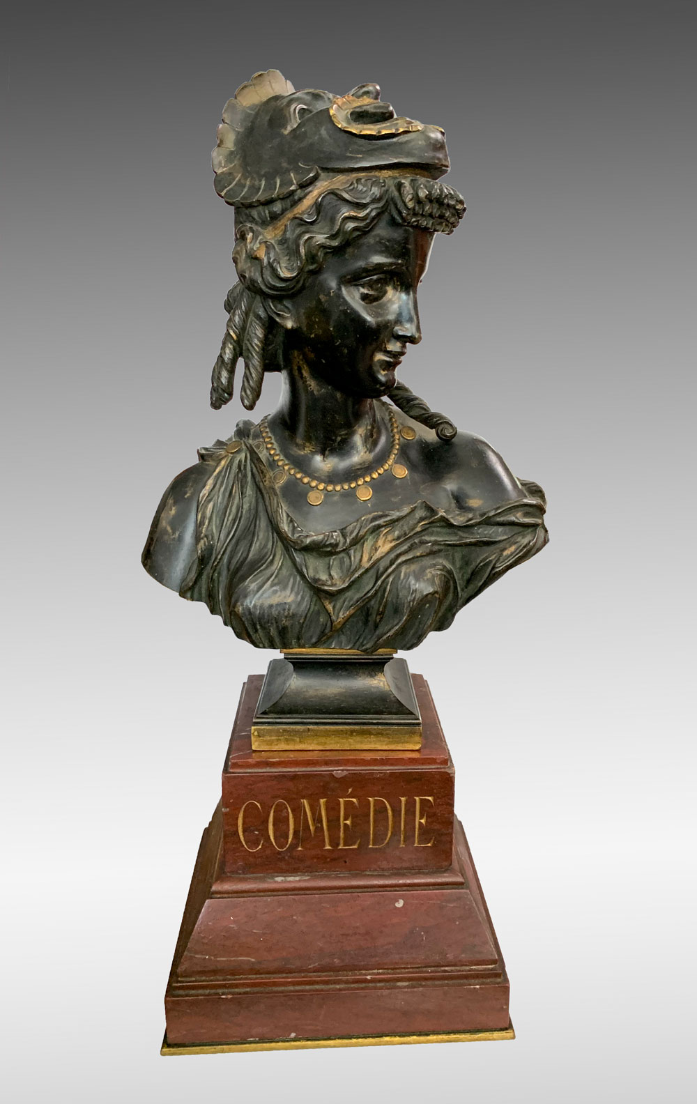 PATINATED BRONZE BUST TITLED COMEDIE  36f335