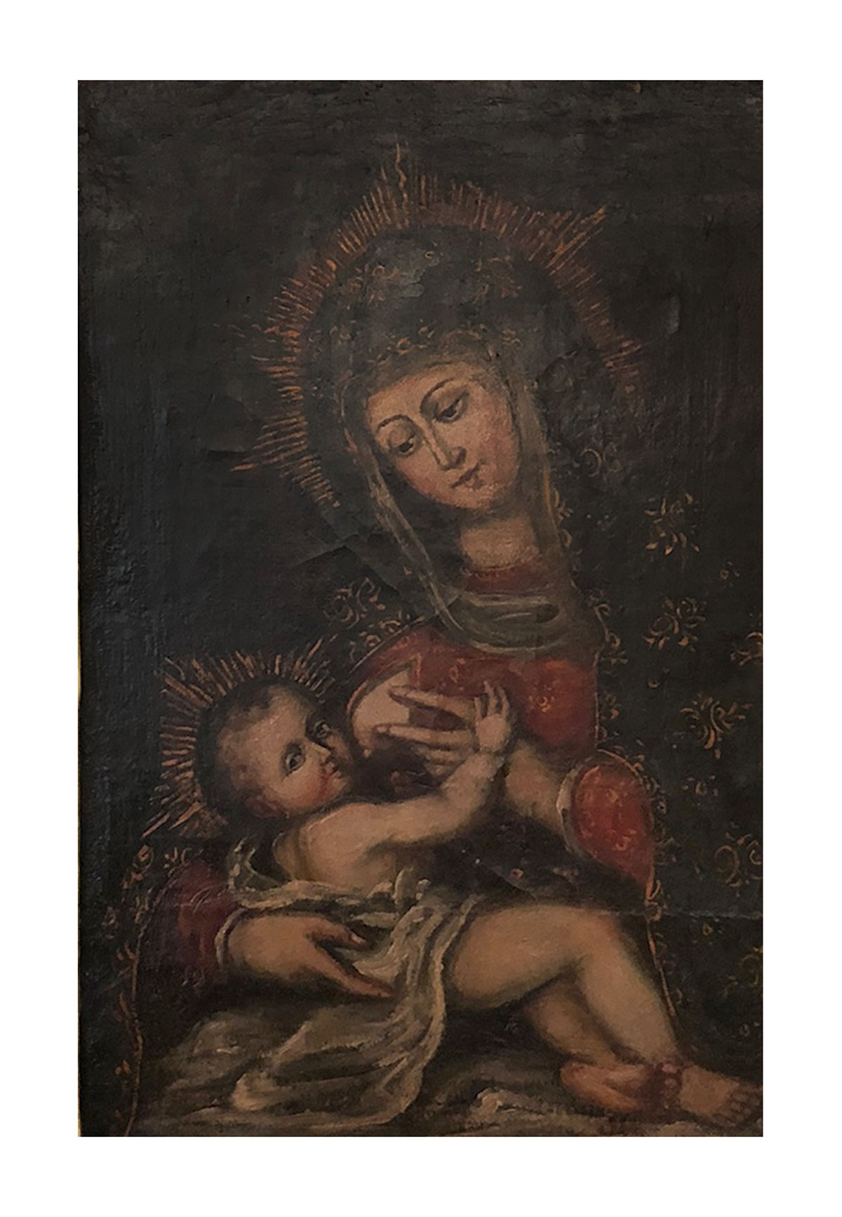 PERUVIAN MADONNA AND CHILD PAINTING: