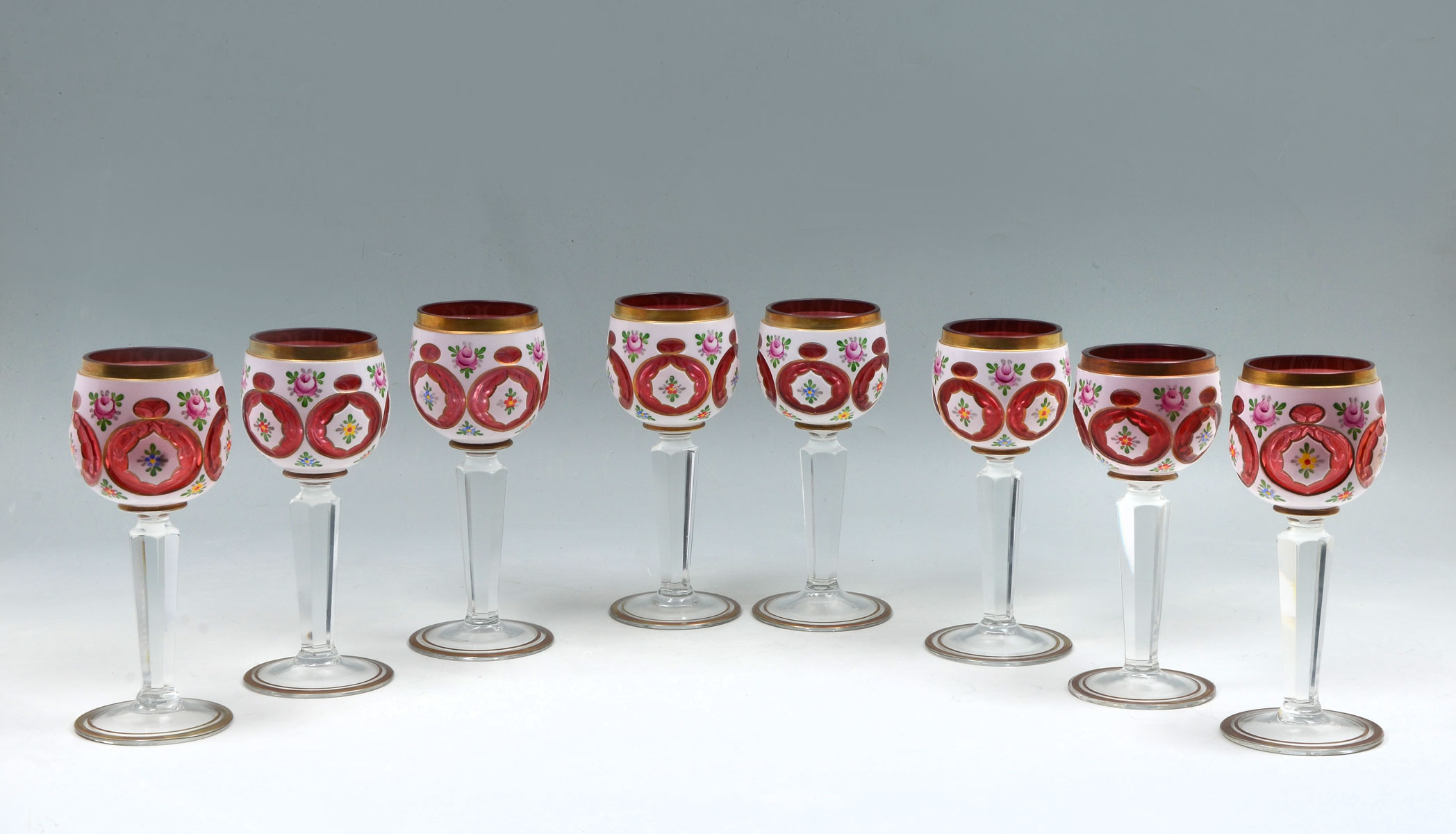 8 PIECE BOHEMIAN ENAMELED WINE GLASSES: