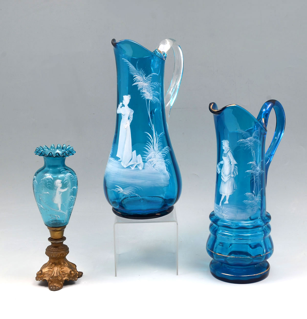 3 PC. MARY GREGORY BLUE GLASS COLLECTION: