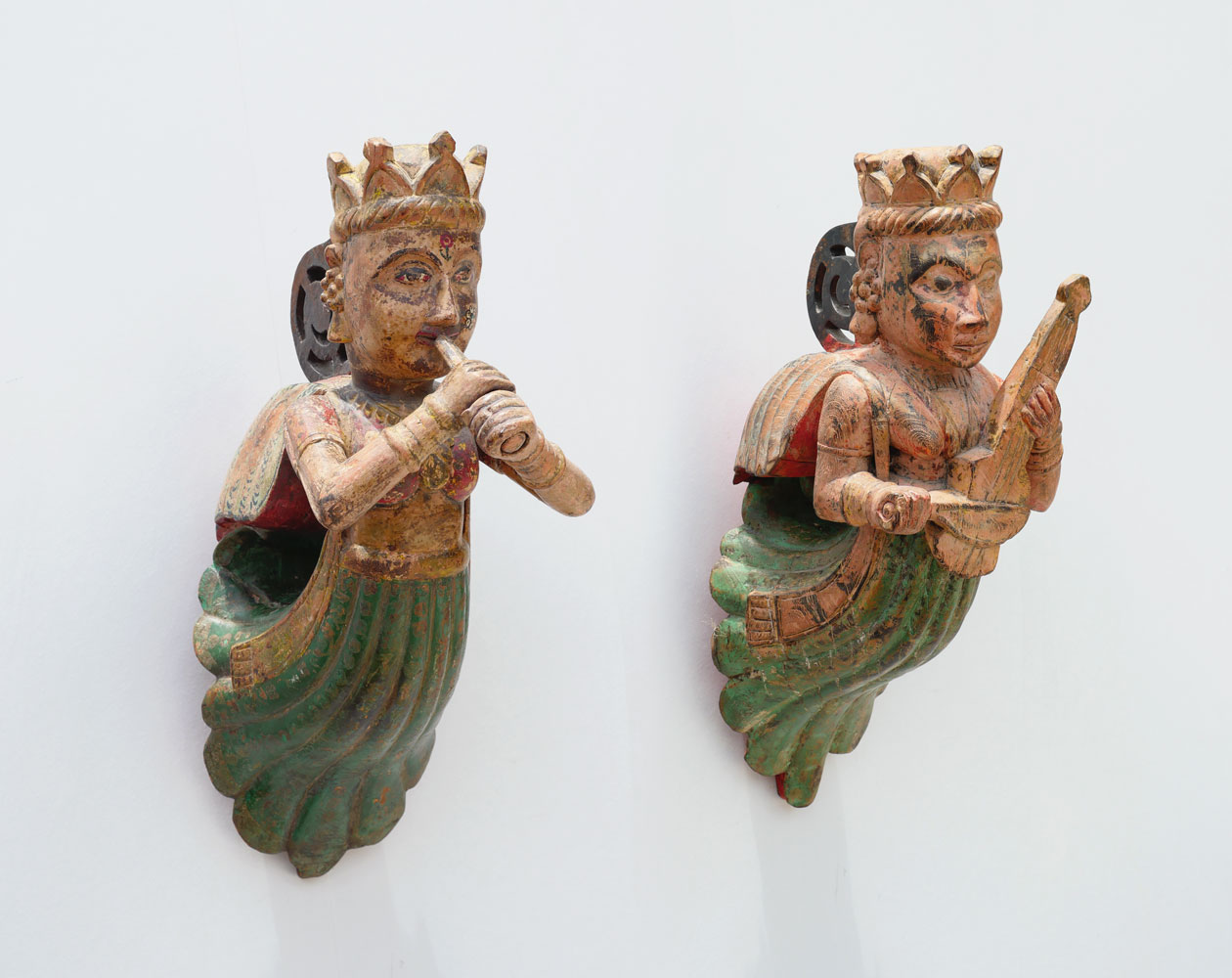 PAIR OF CARVED TEMPLE APSARAS FIGURES: