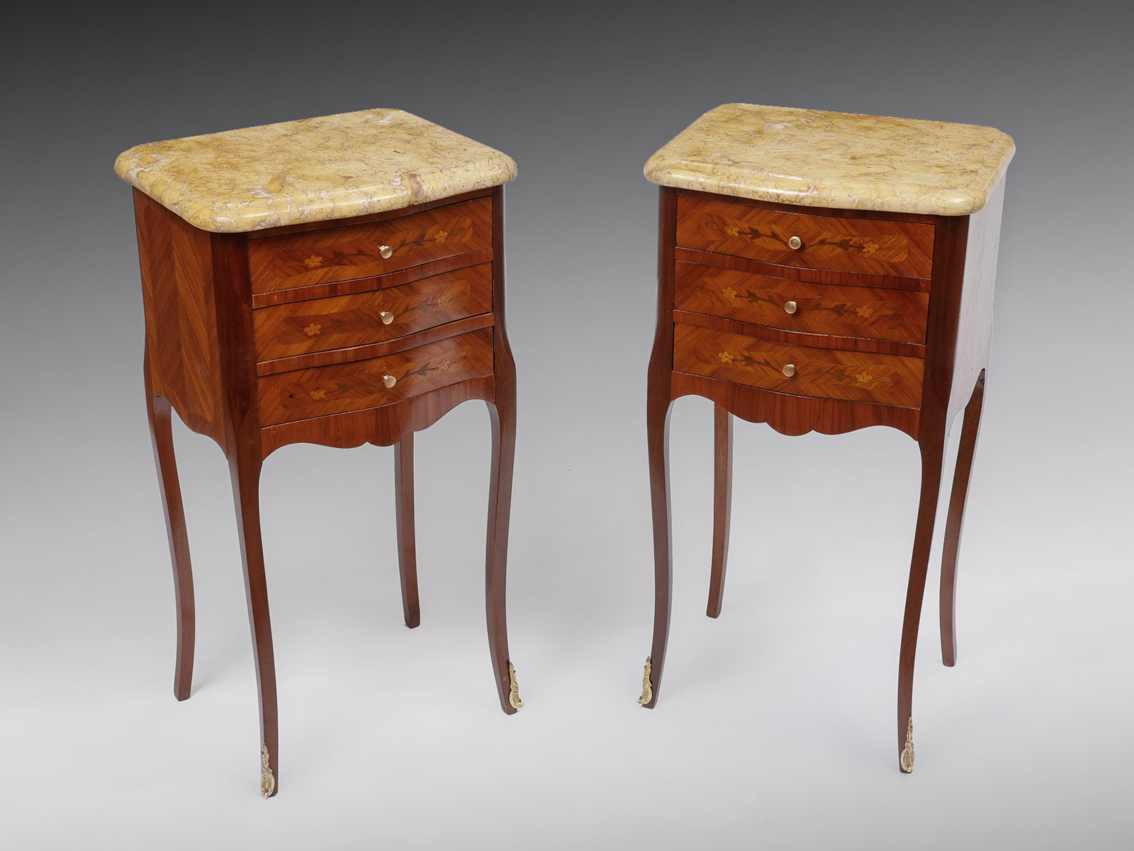 PAIR OF 3 DRAWER MARBLE TOP MARQUETRY