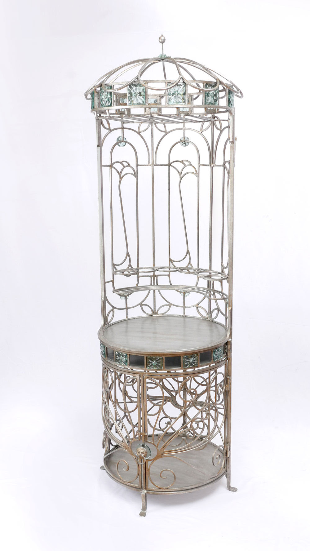 WROUGHT IRON AND GLASS WINE RACK: