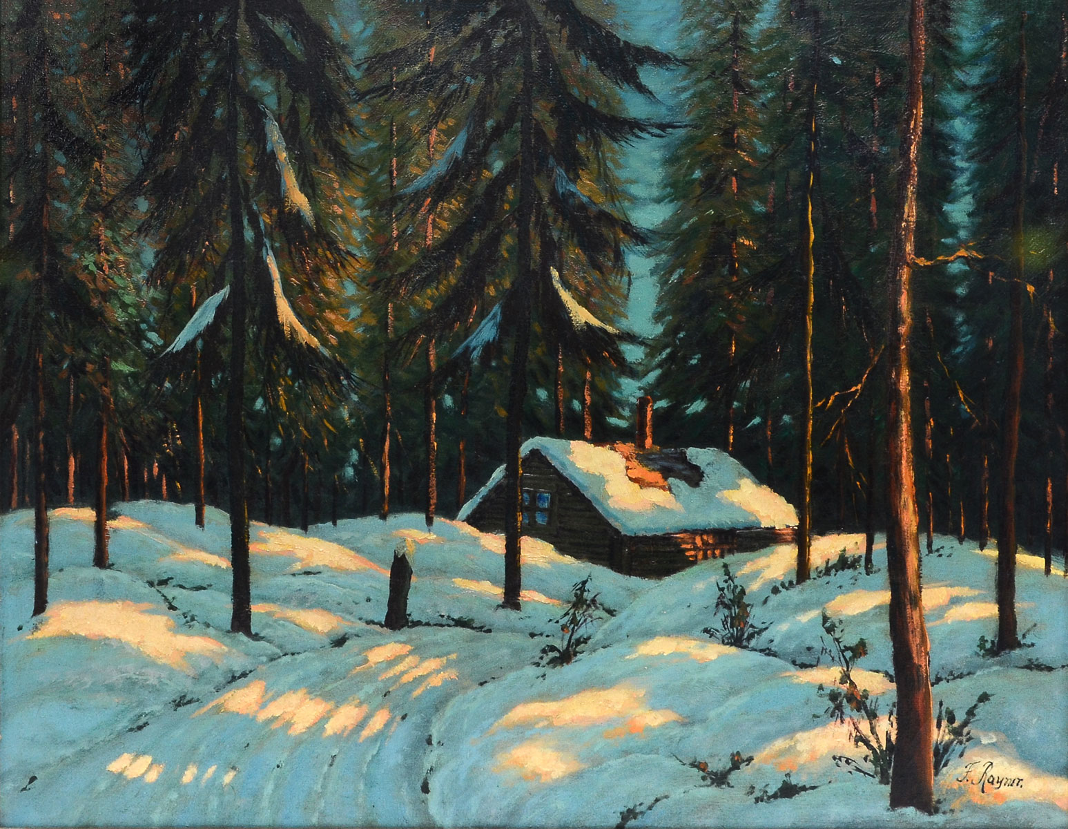 F. RAYNER CABIN IN THE SNOW PAINTING: