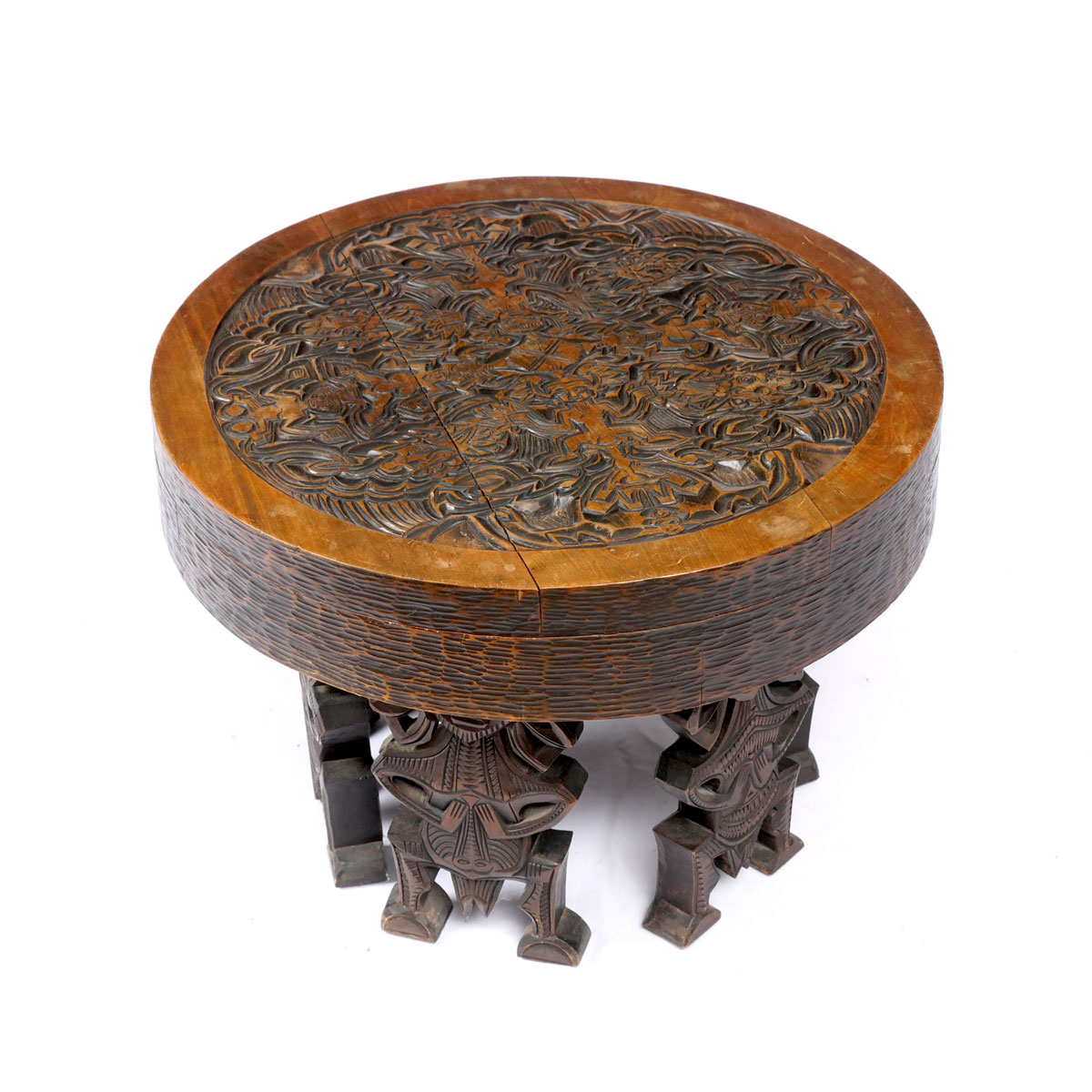 CARVED AFRICAN ROUND LOW TABLE: