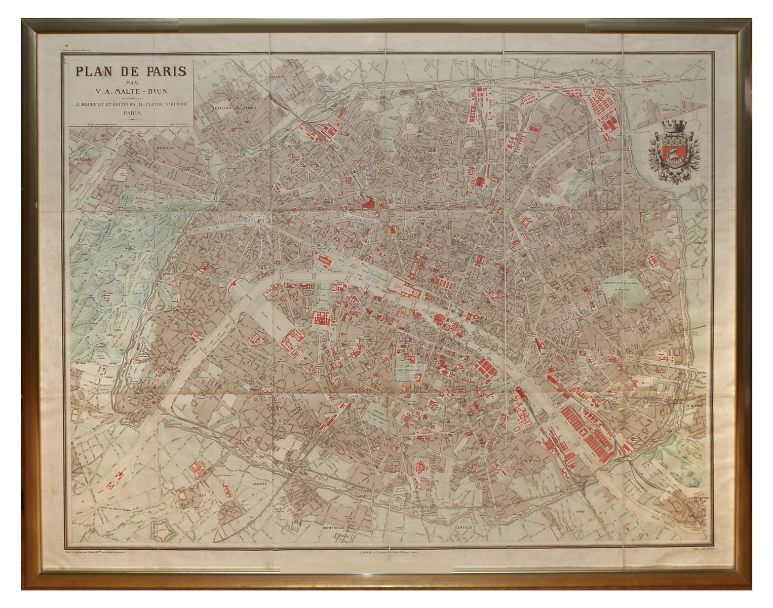 19TH C. MAP OF PARIS: Large framed