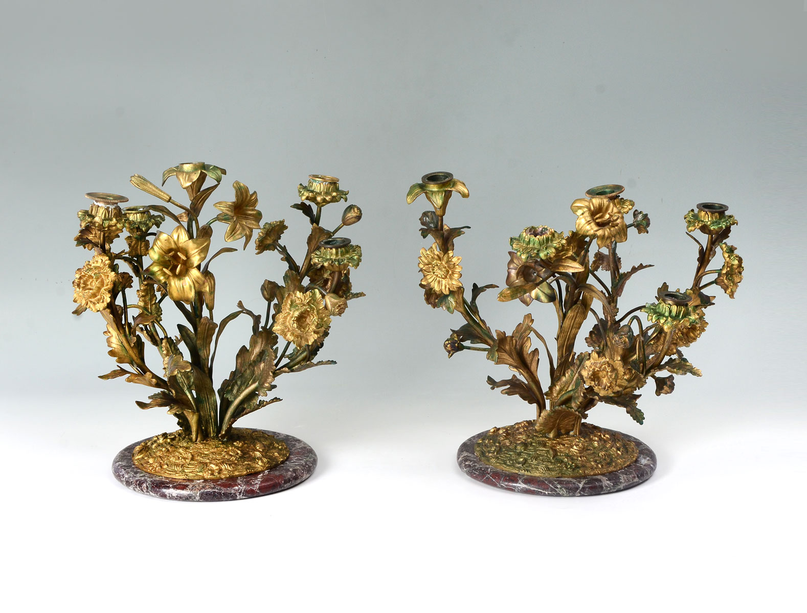 2 FRENCH BRONZE FLORAL CANDELABRA: