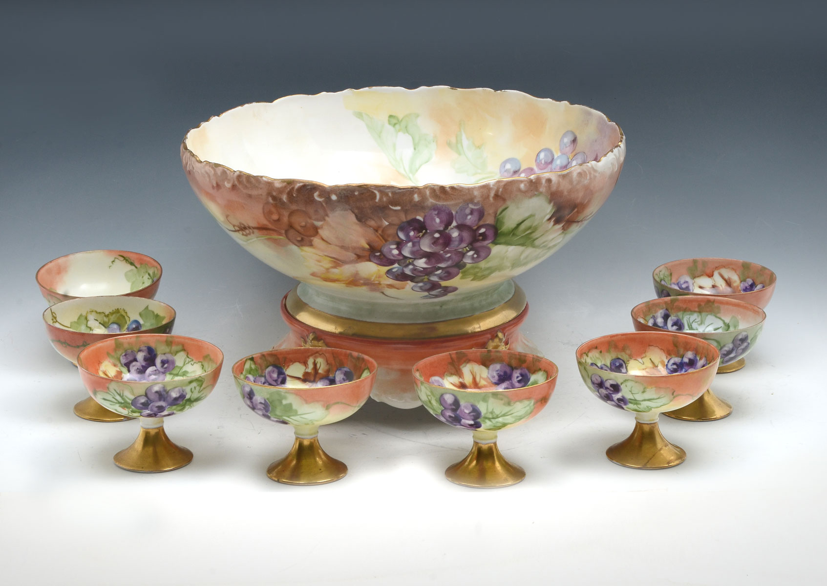 HAND PAINTED BAVARIAN PUNCH BOWL SET: