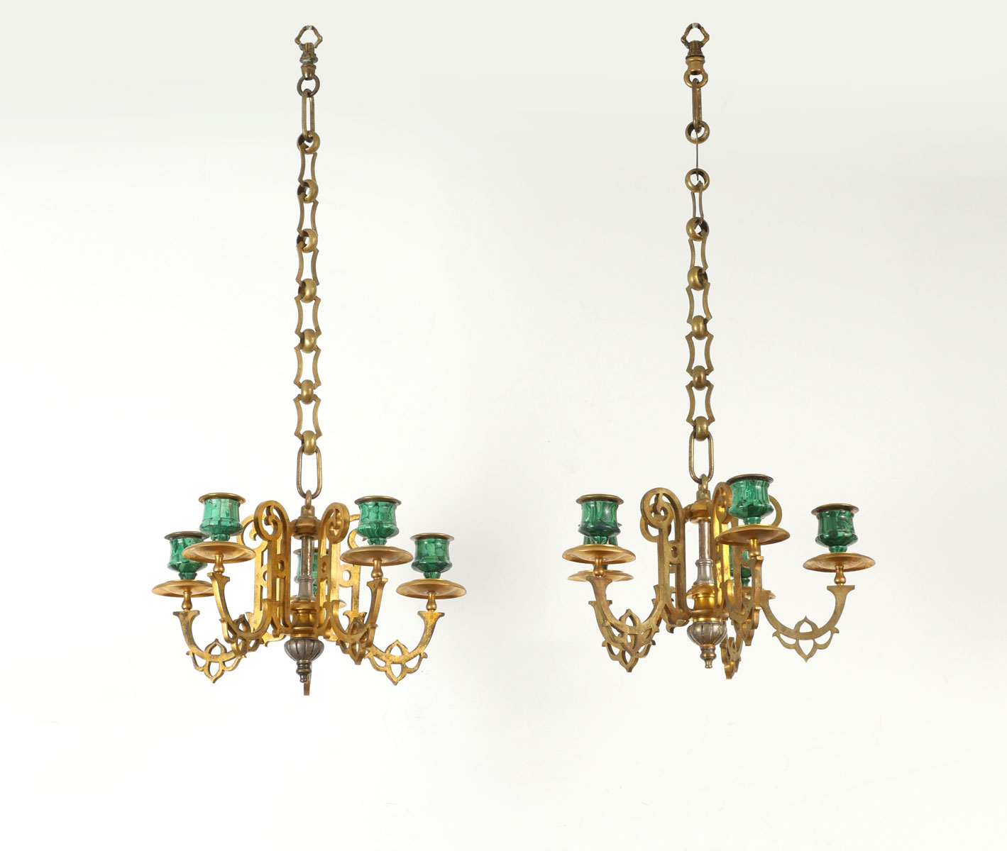 MALACHITE VENEERED BRONZE CHANDELIERS: