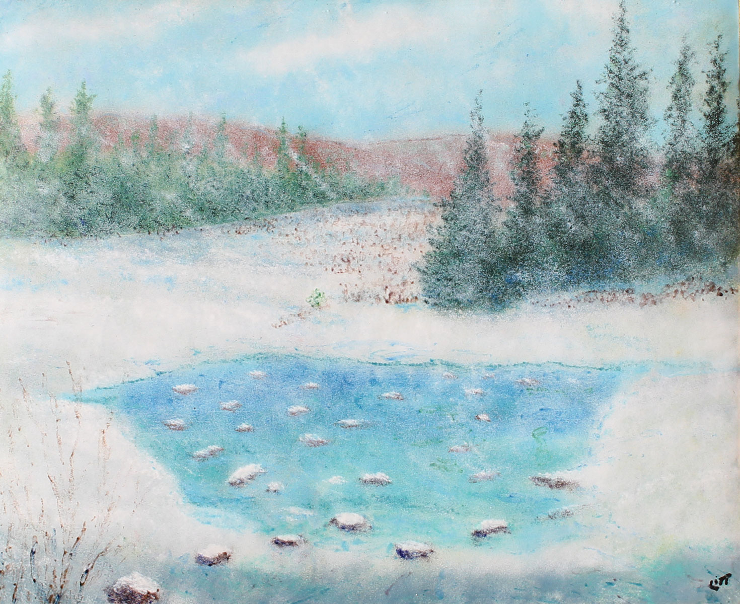 LARGE ENAMEL ON COPPER WINTER LANDSCAPE 36f83f