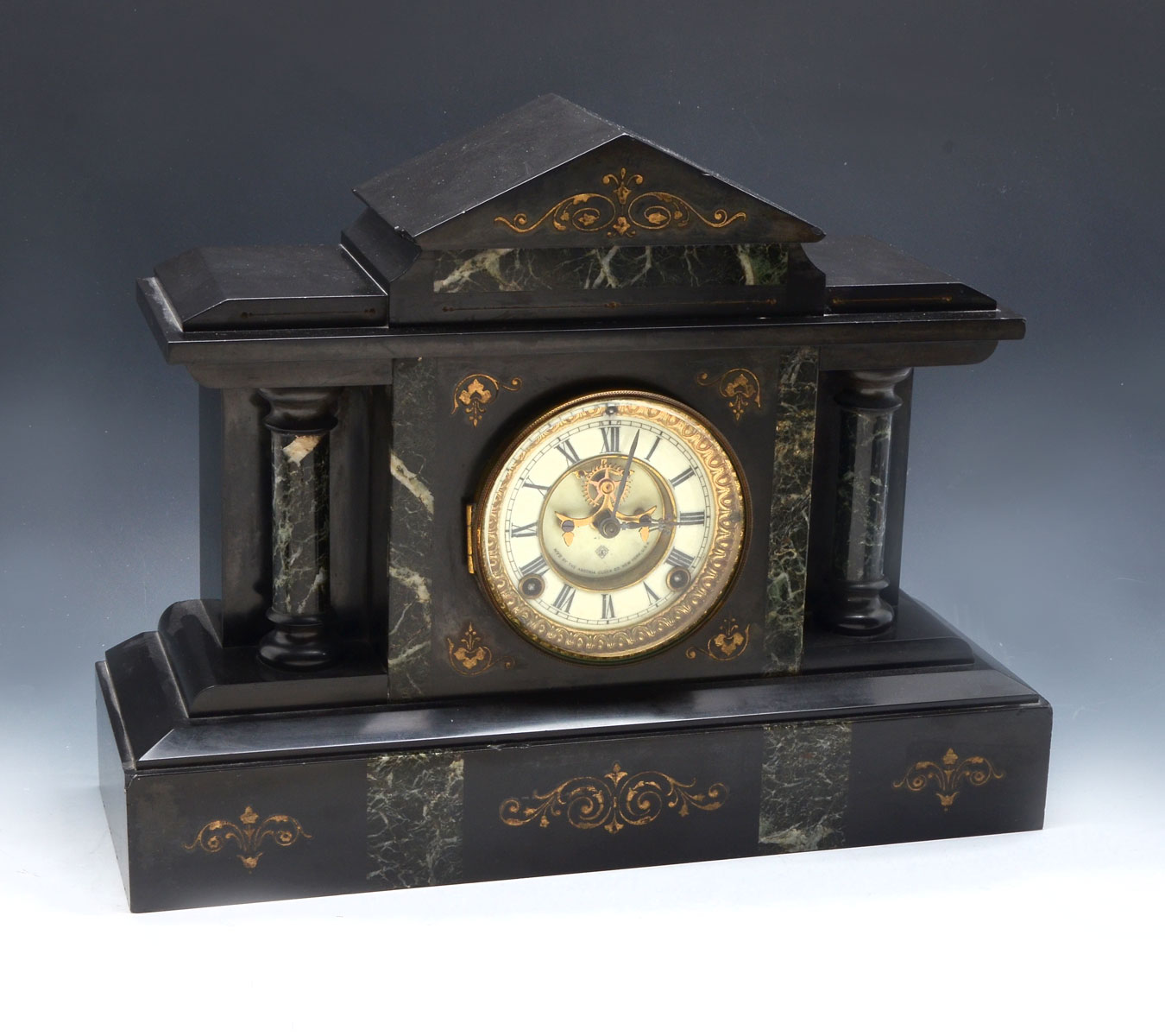 LARGE ANSONIA BLACK MARBLE MANTLE CLOCK: