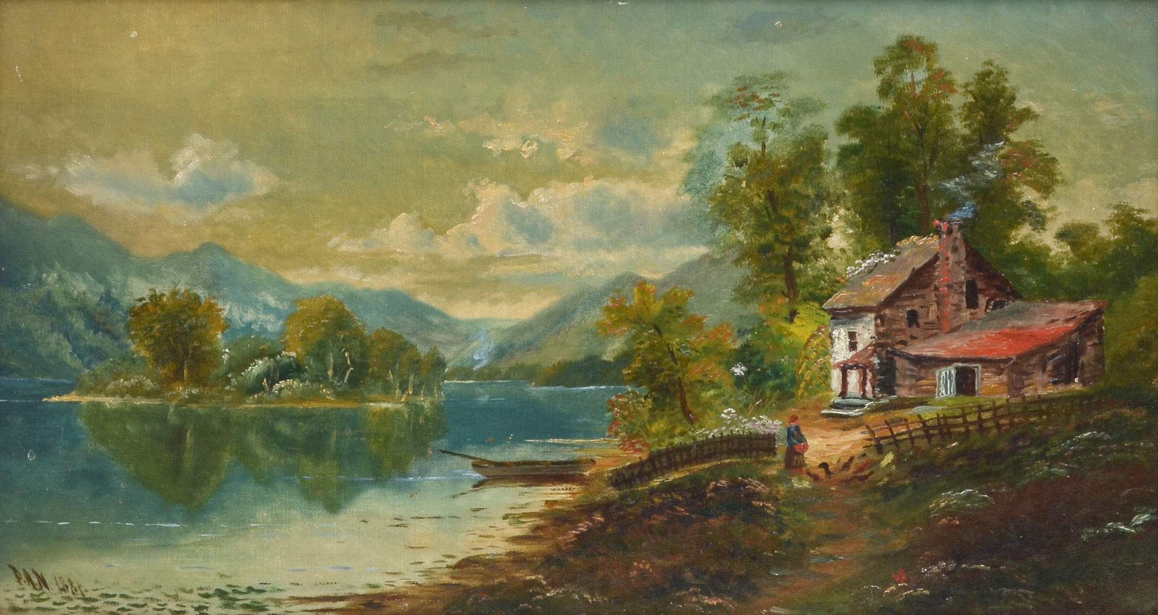 19th C LAKESIDE PAINTING COTTAGE 36f8e3