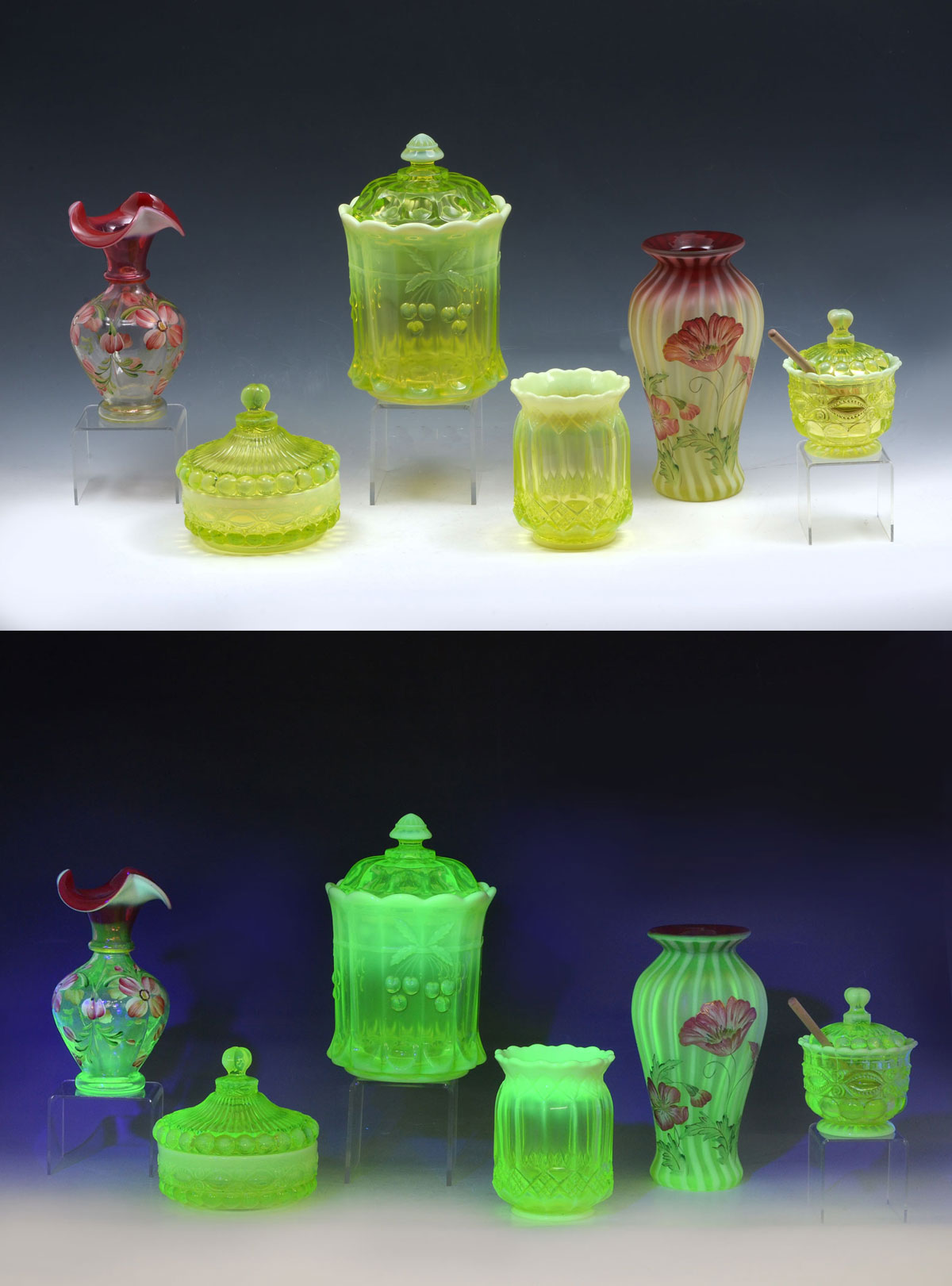 6 PIECE VASELINE GLASS COLLECTION: