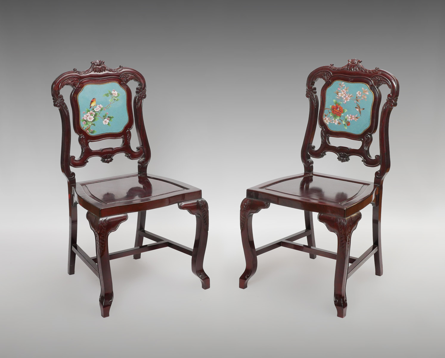 PAIR OF ROSEWOOD CHAIRS WITH CLOISONNE