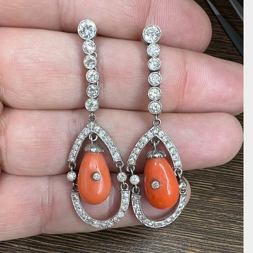 PLATINUM DIAMOND AND CORAL EARRINGSPlatinum 3725ac