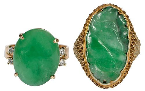 TWO 18KT. JADE RINGS, CARVED AND