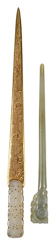 CHINESE CARVED JADE HAIRPIN AND