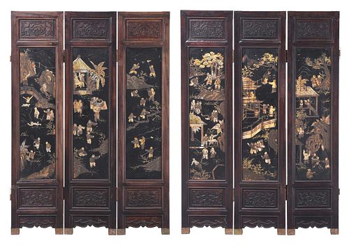 CHINESE SIX PANEL CARVED AND LACQUERED 372692