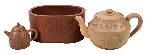 GROUP OF THREE YIXING POTTERY OBJECTScomprising: