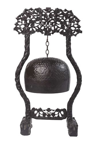 CHINESE SIGNED BRONZE GONG IN CARVED