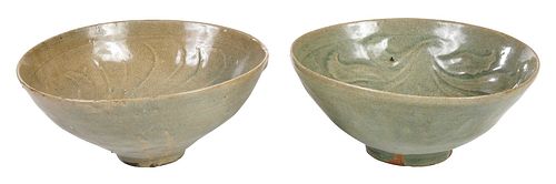 TWO KOREAN CELADON GLAZED EARTHENWARE