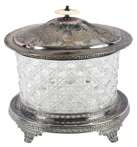 SILVER PLATE AND CUT GLASS BISCUIT BOXEnglish,