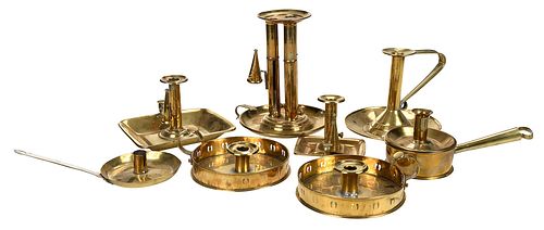 GROUP OF EIGHT BRASS CHAMBERSTICKS