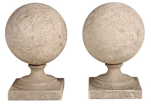 PAIR CAST STONE BALL FINIALS ON