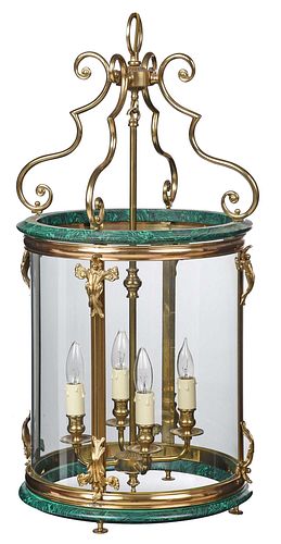 BRASS AND FAUX MALACHITE HALL LANTERN20th 3727ff