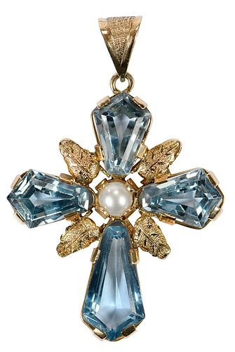 14KT BLUE TOPAZ AND PEARL CROSS 3728b8