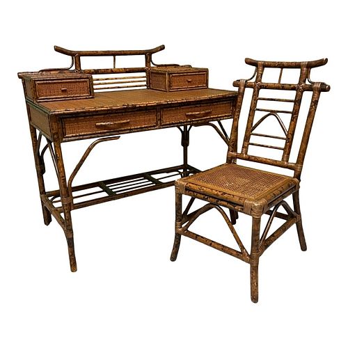 VINTAGE CHINOISERIE BAMBOO WICKER DESK