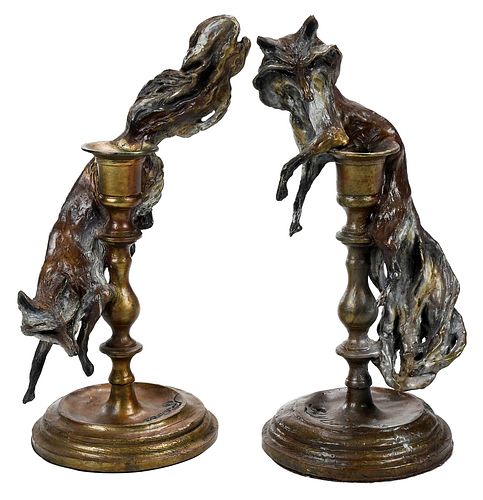 PAIR OF BRONZE FOX FORM S CANDLESTICKS  372b76