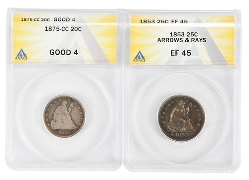 TWO GRADED COINS SEATED TWENTY 372b99