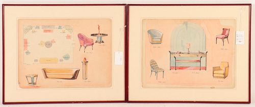 TWO WATERCOLORS, INTERIOR & FURNITURE