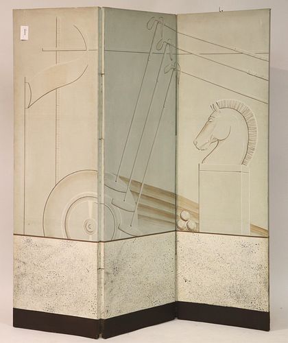 LATE ART DECO PAINTED 3-PANEL SURREALIST