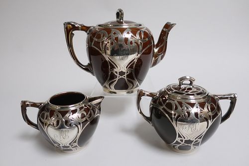 3 PC STERLING OVERLAY POTTERY TEA 372d4b