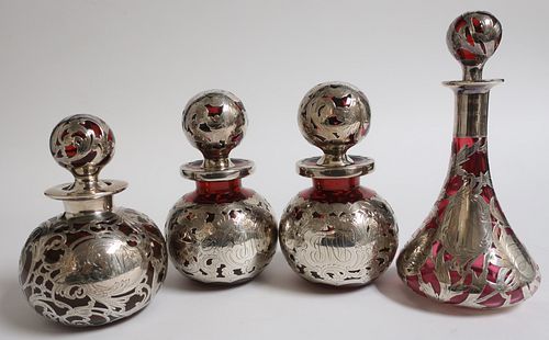 4 SILVER OVERLAY RUBY GLASS BOTTLES4 372d7d