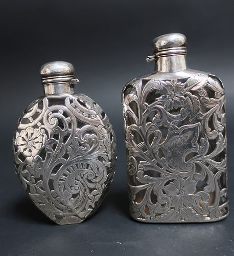 2 SILVER OVERLAY GLASS FLASK 372d84