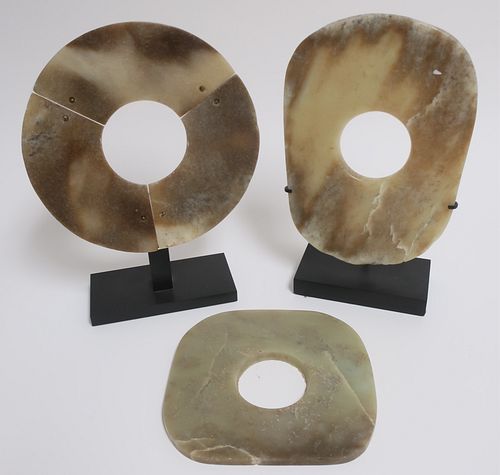 THREE NEOLITHIC STYLE JADE AX BLADESThree