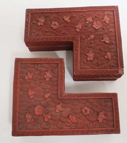 TWO CARVED CINNABAR BOXESTwo L shaped 372dd6