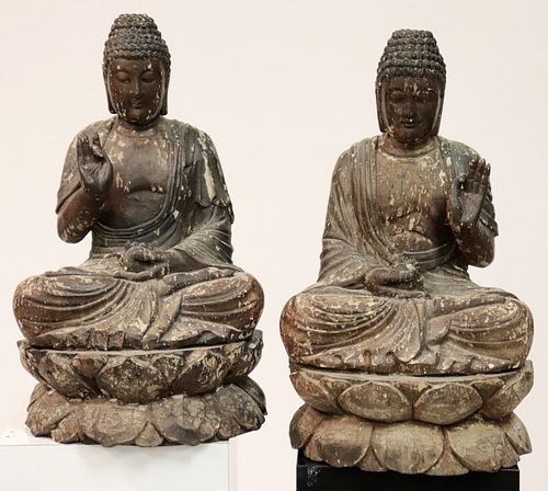 TWO CARVED WOODEN BUDDHASNicely 372dda