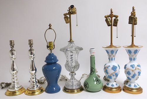 GROUP OF 7 GLASS & PORCELAIN LAMPSPair