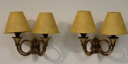 PAIR ART DECO BRASS 2-LIGHT TRUMPET