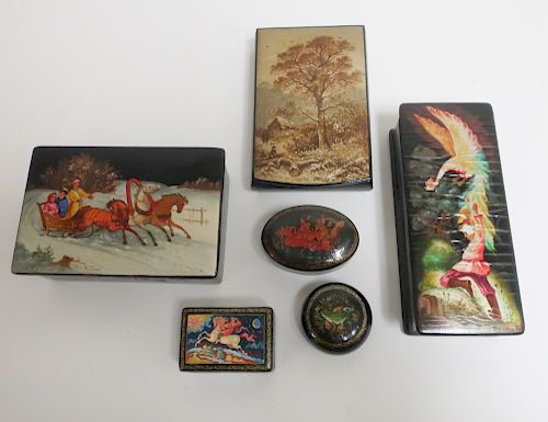 6 RUSSIAN LACQUER SMALL BOXES4 Marked