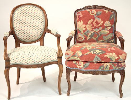 TWO UPHOLSTERED FAUTEIUL CHAIRS,